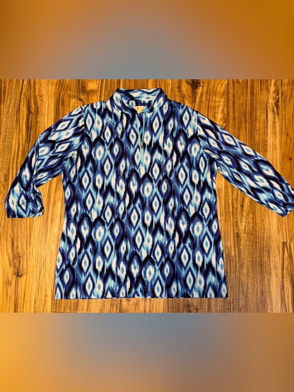 Sport Haley women XL quarter zip top Blue White Ikat 3/4 sleeve golf quick dry